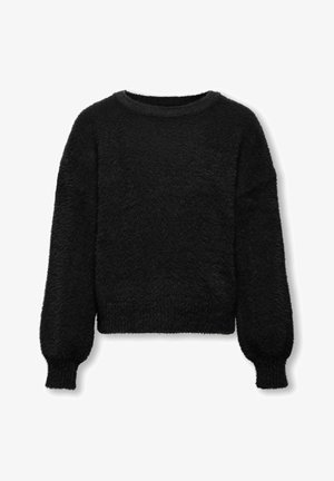 Maglione nero e fluffy con maniche lunghe e leggermente voluminosi e scollatura rotonda. Presenta un design cropped e un tessuto morbido e testurizzato.