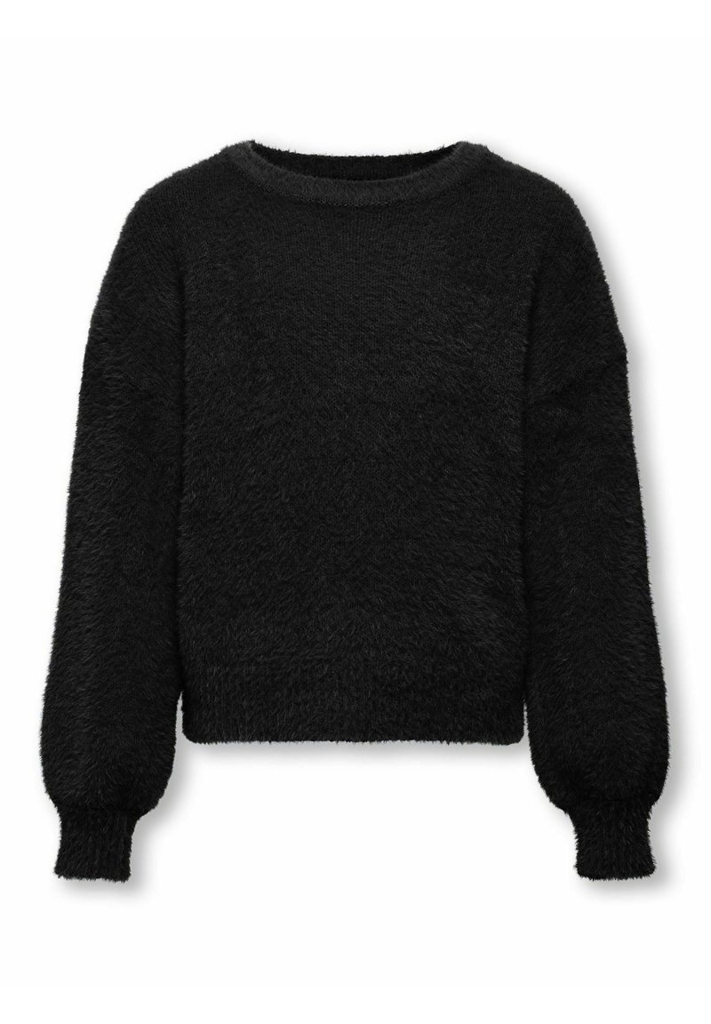 Czarny, puszysty sweter z długimi, lekko bufkami rękawami i okrągłym dekoltem. Posiada skrócony krój oraz miękką, teksturowaną tkaninę.