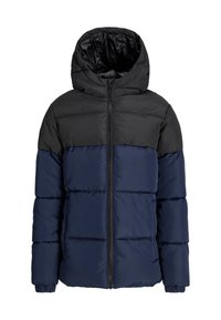 Dunjakke med svart topp og marineblå bunn, med hette, glidelåslukking og sydd vattering. Glatt yttertekstur.