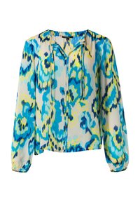 Langärmlige Bluse aus leichtem Stoff mit einem blau-gelben abstrakten Muster. Mit gebundenem Ausschnitt und elastischen Bündchen.