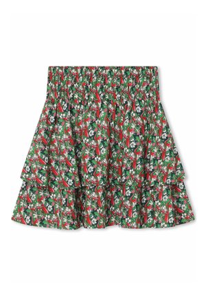 Φλοράλ φούστα σε στυλ tiered με ελαστική μέση. Διαθέτει πράσινο φόντο με κόκκινα λουλούδια και λευκές λεπτομέρειες. Ελαφρύ ύφασμα, casual σχεδίαση.