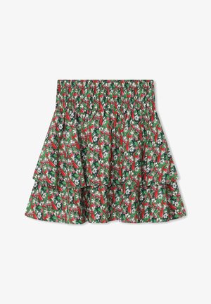 Cvećasta suknja sa slojevima i elastičnim pojasom. Ima zelenu podlogu sa crvenim cvetovima i belim detaljima. Lagana tkanina, ležeran dizajn.