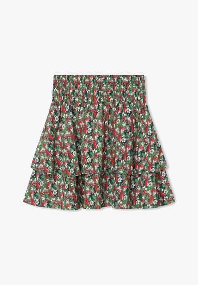 Φλοράλ φούστα σε στυλ tiered με ελαστική μέση. Διαθέτει πράσινο φόντο με κόκκινα λουλούδια και λευκές λεπτομέρειες. Ελαφρύ ύφασμα, casual σχεδίαση.