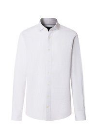 Witte lange mouwen shirt met een subtiele stippenpatroon, klassieke kraag en knoopsluiting aan de voorkant met beige knopen en manchetaccenten.