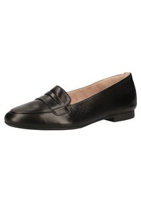 Schwarze Lederloafers mit leicht spitz zulaufender Kappe, plissiertem Vorderteil und niedrigem Blockabsatz für Stabilität. Glatte Textur und minimalistisches Design.