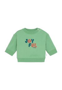 Sweatshirt vert pour tout-petit avec des poignets et un ourlet côtelés, un bouton pression au niveau du col, et le texte multicolore "JOYEUX" sur le devant.