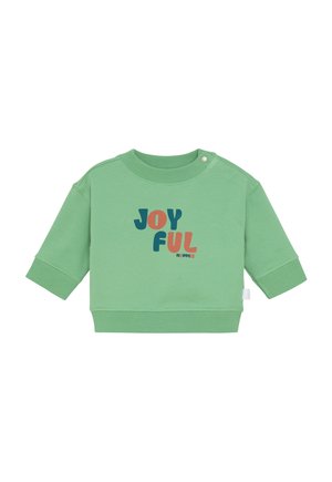 Groene peuter sweatshirt met geribde mouwen en zoom, drukknoop bij de hals en meerkleurige tekst "JOYFUL" op de voorkant.