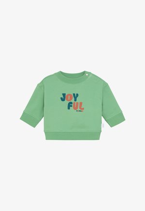 Grüner Kleinkind-Sweatshirt mit gerippten Bündchen und Saum, Druckknopf am Halsausschnitt und mehrfarbigem Text "JOYFUL" auf der Vorderseite.