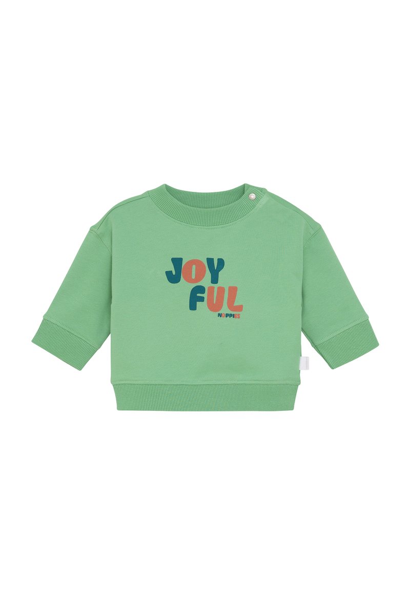 Sweatshirt vert pour tout-petit avec des poignets et un ourlet côtelés, un bouton pression au niveau du col, et le texte multicolore "JOYEUX" sur le devant.