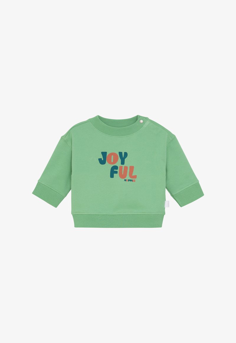 Sweatshirt vert pour tout-petit avec des poignets et un ourlet côtelés, un bouton pression au niveau du col, et le texte multicolore "JOYEUX" sur le devant.