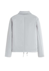 Veste gris clair à manches longues avec un col, ourlet zippé et des détails de couture à l'arrière. Tissu lisse et doux sans motifs visibles.