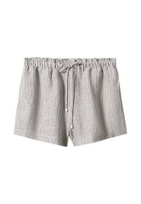 Raidalliset puuvillashortsit, joissa on elastinen vyötärö ja naru. Väri: harmaa ja valkoinen. Ominaisuudet: rento istuvuus ja puoliväli-reisi pituus.