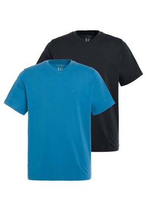 Koszulki z krótkim rękawem w kształcie litery v w kolorze niebieskim i czarnym, wykonane z bawełny o gładkiej fakturze, z subtelnym logo na klatce piersiowej.