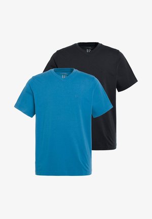 Kurzarm V-Ausschnitt T-Shirts in Blau und Schwarz, aus Baumwolle mit glatter Textur, mit einem dezenten Logo auf der Brust.