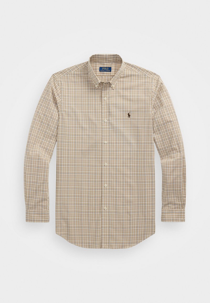 Long-sleeve plaid dress shirt in beige and brown tones, featuring a button-down collar and a small logo accent on the chest.