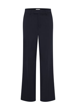 Tamsiai mėlynos tiesios kojų kelnės su diržo kilpomis, priekinėmis kišenėmis ir paslėptu priekinio užsegimo elementu, atvaizduotos baltame fone.