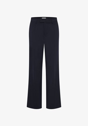 Tamsiai mėlynos tiesios kojų kelnės su diržo kilpomis, priekinėmis kišenėmis ir paslėptu priekinio užsegimo elementu, atvaizduotos baltame fone.