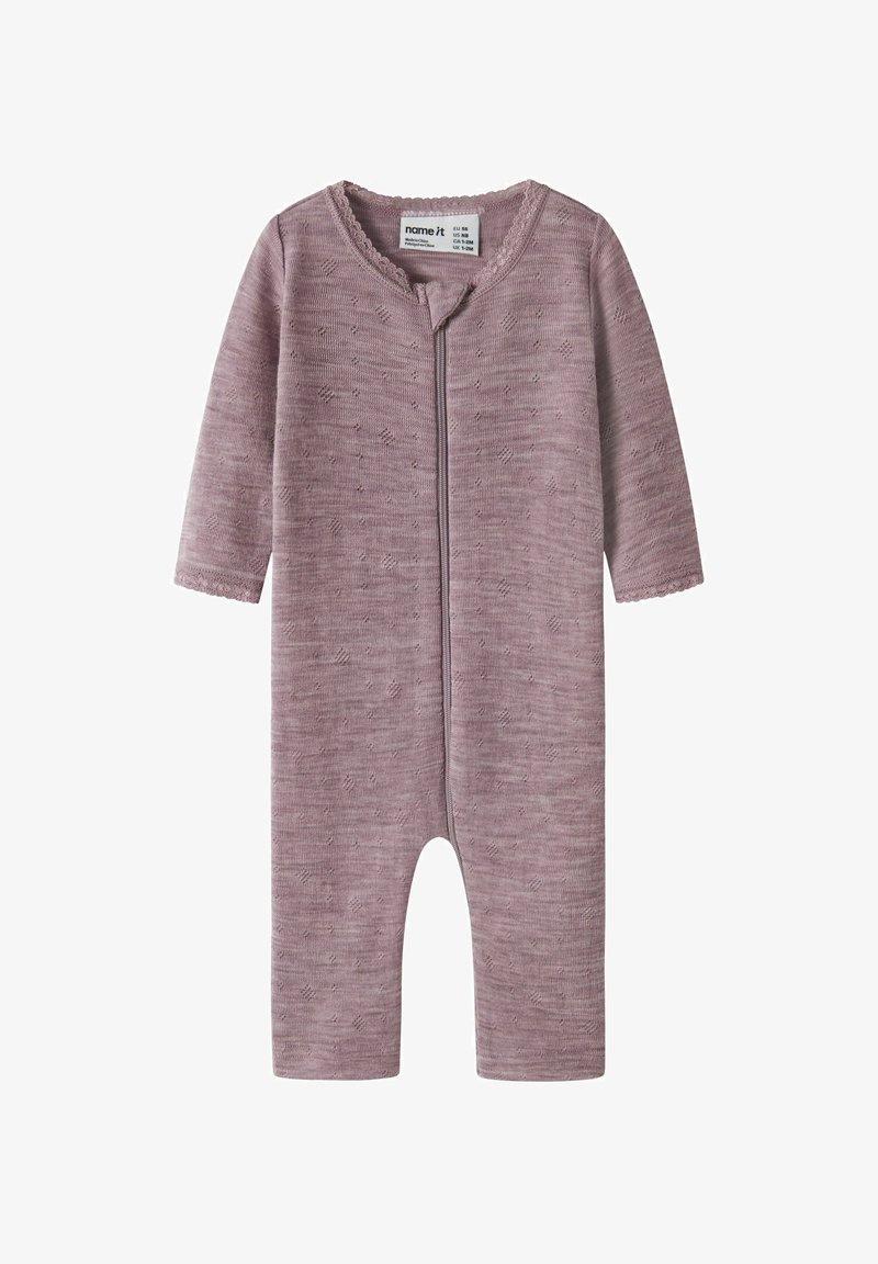 Body violet à manches longues avec fermeture éclair à l'avant, encolure festonnée, motif texturé et design sans pieds. Fabriqué en tissu doux.