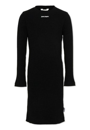 Czarna prążkowana sukienka z długim rękawem, z okrągłym dekoltem, o długości do połowy uda, z naszywką z logo Palm Angels na piersi oraz małą metką po boku.