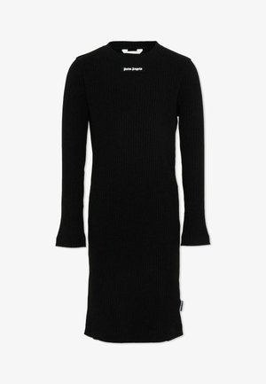 Zwart geribbelde jurk met lange mouwen, ronde hals, halflang en met Palm Angels-logo op de borst en een klein label aan de zijkant.