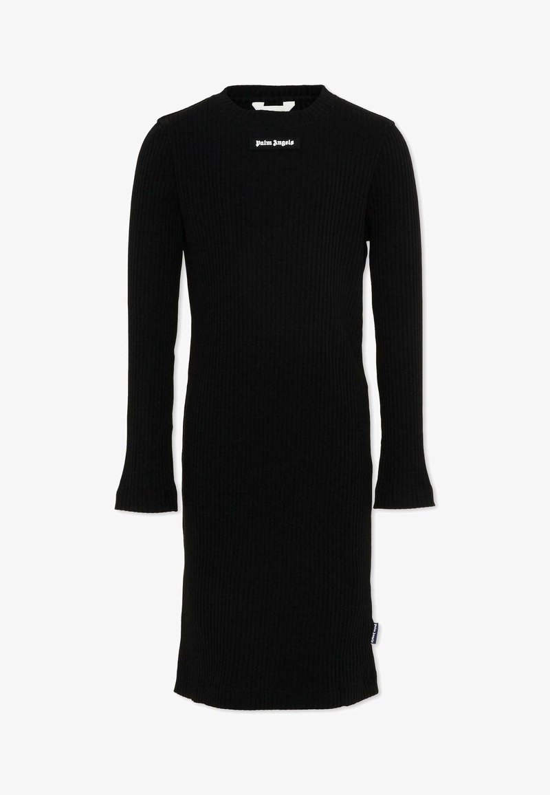Robe noire côtelée à manches longues avec col rond, longueur mi-longue, patch logo Palm Angels sur la poitrine et petite étiquette latérale.