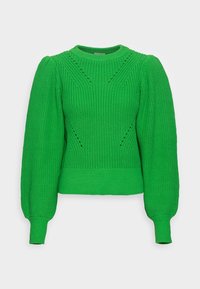 Pull vert en tricot avec un col rond, des manches longues bouffantes, un motif texturé et un ourlet et des poignets côtelés. Présente des détails œillets.