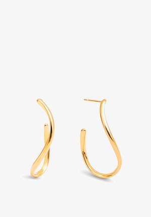Gold-plated hoop earrings with a twisted design, featuring smooth, shiny surfaces and elongated shapes that gently curl.