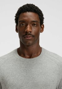 Maglione grigio in lana con un collo a girocollo a coste e una texture sottile. Presenta maniche a raglan e una finitura morbida e liscia.