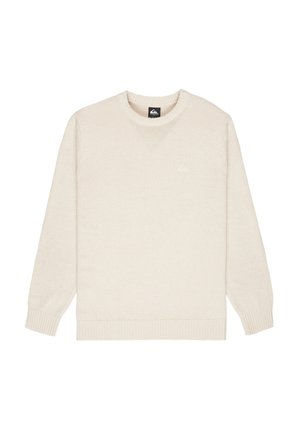 Beige long-sleeve knitted crewneck sweater with ribbed cuffs and hem, brand logo on the chest and label on the collar.