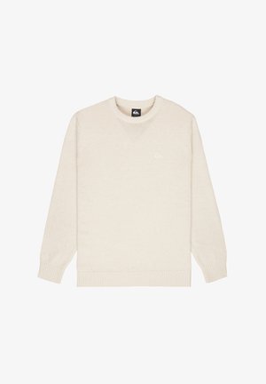 Beżowy, długi rękaw, dziany sweter z okrągłym dekoltem, z prążkowanymi mankietami i dołem, logo marki na piersi oraz metką na kołnierzu.