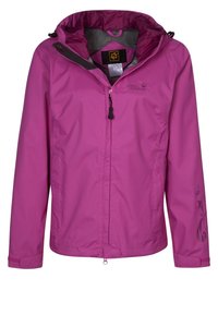 Rosa vattentät jacka med huva, framsida med dragkedja och blommönster på ärmarna. Tillverkad av hållbart syntetiskt material med en mjuk yta.