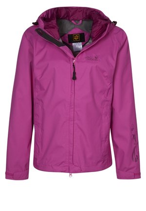 Pink waterproof jacket with a hood, front zipper, and floral accents on the sleeve. Made from durable synthetic material with a smooth texture.