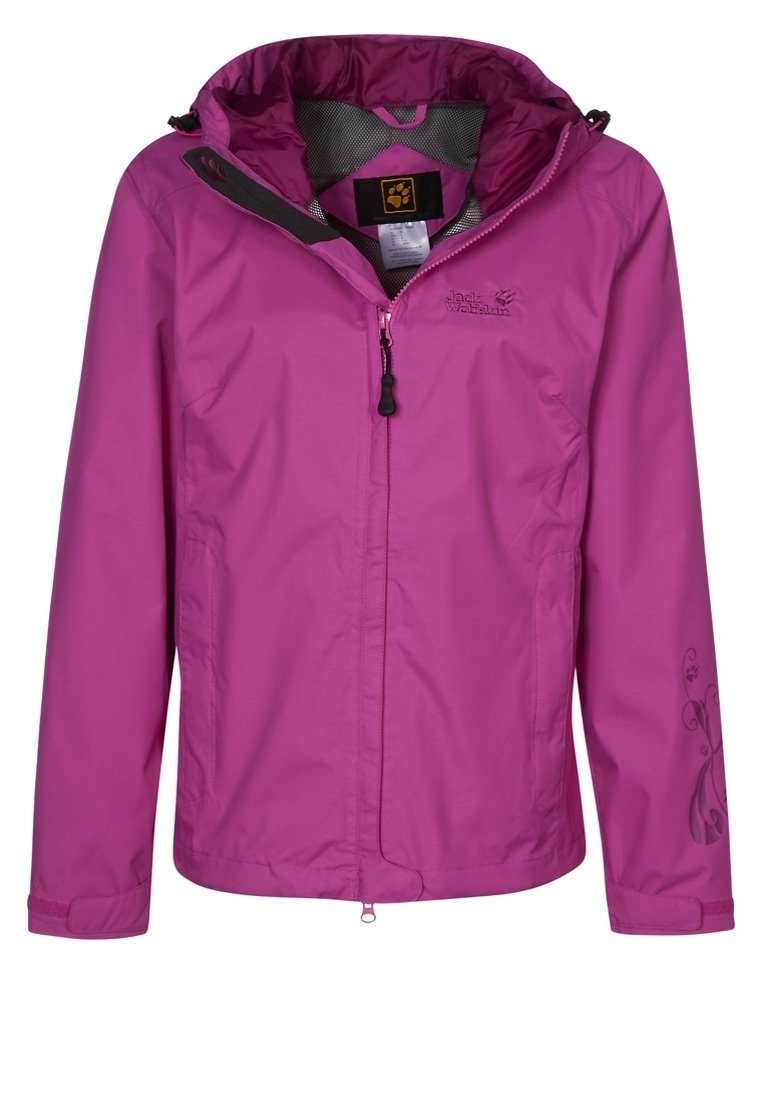 Rosa vattentät jacka med huva, framsida med dragkedja och blommönster på ärmarna. Tillverkad av hållbart syntetiskt material med en mjuk yta.