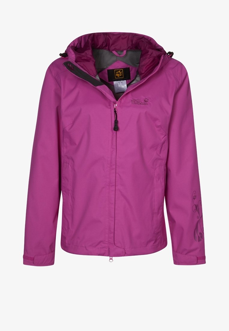 Rosa vattentät jacka med huva, framsida med dragkedja och blommönster på ärmarna. Tillverkad av hållbart syntetiskt material med en mjuk yta.