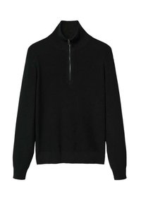 Pull-over noir à côtes avec col montant, fermeture éclair à l'avant et manches longues avec ourlet ajusté. Tissu en maille texturée.
