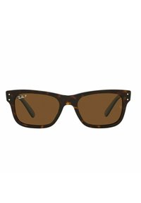 Occhiali da sole con montatura tartarugata marrone, design quadrato, lenti marroni scure e dettagli in metallo argentato sulle tempie.