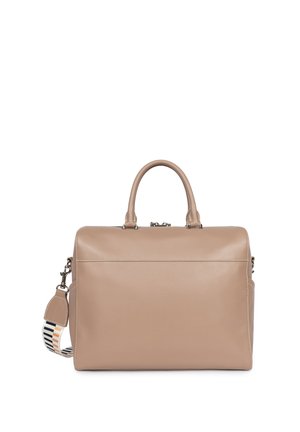 Beige leather handbag with a rectangular shape, dual top handles, and a detachable striped shoulder strap. Smooth texture with subtle stitching.