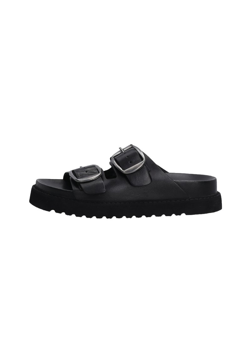 Schwarze Leder-Sandalen mit zwei verstellbaren silbernen Schnallen, flacher strukturierten Sohle und offener Zehenpartie für Belüftung.