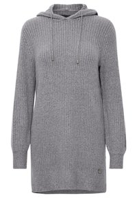 Grå stickad hoodie med ribbad textur, långa ärmar och snörning. Har en rundad nederkant och en liten metalllogo som accent på sidan.