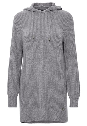 Hoodie harmaa neulotulla pinnalla, jossa on pitkät hihat ja kiristysnauha. Siinä on pyöreä helma ja pieni metallinen logo-somistus sivulla.