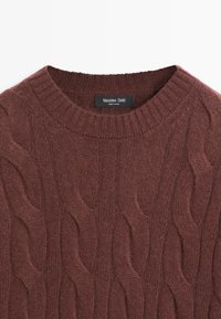 Pull en tricot marron avec un motif en relief de torsades, col rond et détails côtelés. L'étiquette indique "Massimo Dutti" à l'intérieur.