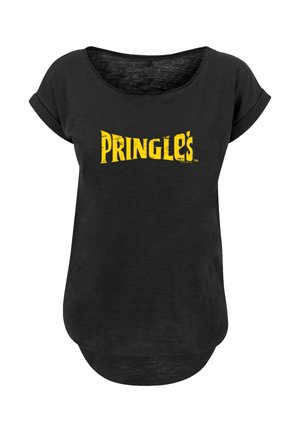 Schwarzes, kurzärmliges T-Shirt mit rundem Halsausschnitt. Mit einem auffälligen gelben "PRINGLE's"-Logo auf der Vorderseite und einer lässigen, figurschmeichelnden Passform.