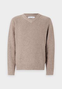 Beige knit sweater with a V-neck, featuring a textured pattern and ribbed cuffs and hem. Made from a soft, warm material.