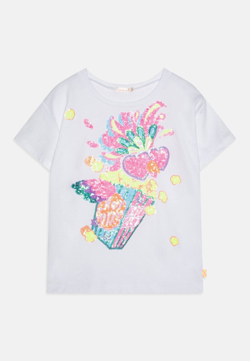 T-shirt blanc à manches courtes avec un graphisme coloré en sequins représentant un dessert agrémenté de cœurs et de tourbillons, orné d'accents vifs.