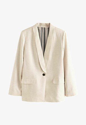 Light beige blazer with a shawl collar, two front pockets, single black button closure, and striped lining. Made from a soft, textured fabric.