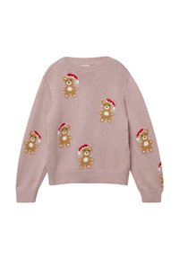 Jasnoróżowy sweter z dzianiny z wieloma motywami misiów trzymających czerwone czapki Mikołaja. Okrągły dekolt, długie rękawy, ściągacze u dołu i na rękawach.