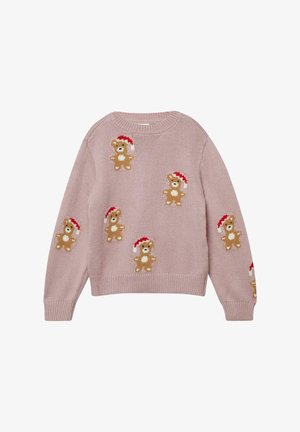 Pull en tricot rose clair orné de plusieurs motifs d'ours en peluche portant des chapeaux de Noël rouges. Col rond, manches longues, ourlet et poignets côtelés.