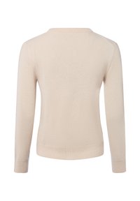 Beżowy sweter z długim rękawem, robiony na drutach, z okrągłym dekoltem, ściągaczami na rękawach i u dołu, pokazany z tyłu.