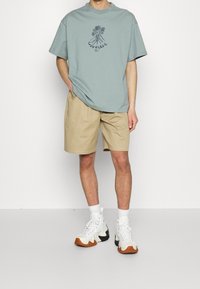 T-shirt azzurro chiaro a maniche corte con stampa grafica, abbinato a pantaloni corti beige. Sneakers alte bianche e nere completano l'outfit.