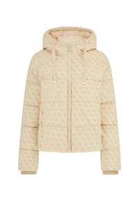 Beige gesteppte Kapuzenjacke mit durchgehendem Monogramm-Muster, Frontreißverschluss und Zugbändern mit Metallenden und Logo-Details.
